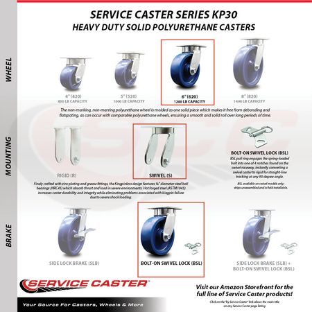 Service Caster 6 Inch Kingpinless Solid Poly Wheel Caster Swivel Locks 2 Brakes SCC, 2PK SCC-KP30S620-SPUR-BSL-2-SLB-2